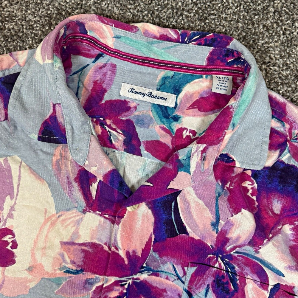 Tommy Bahama Men's XL Blue Floral Silk Woven Spread Collar Short Sleeve Shirt
